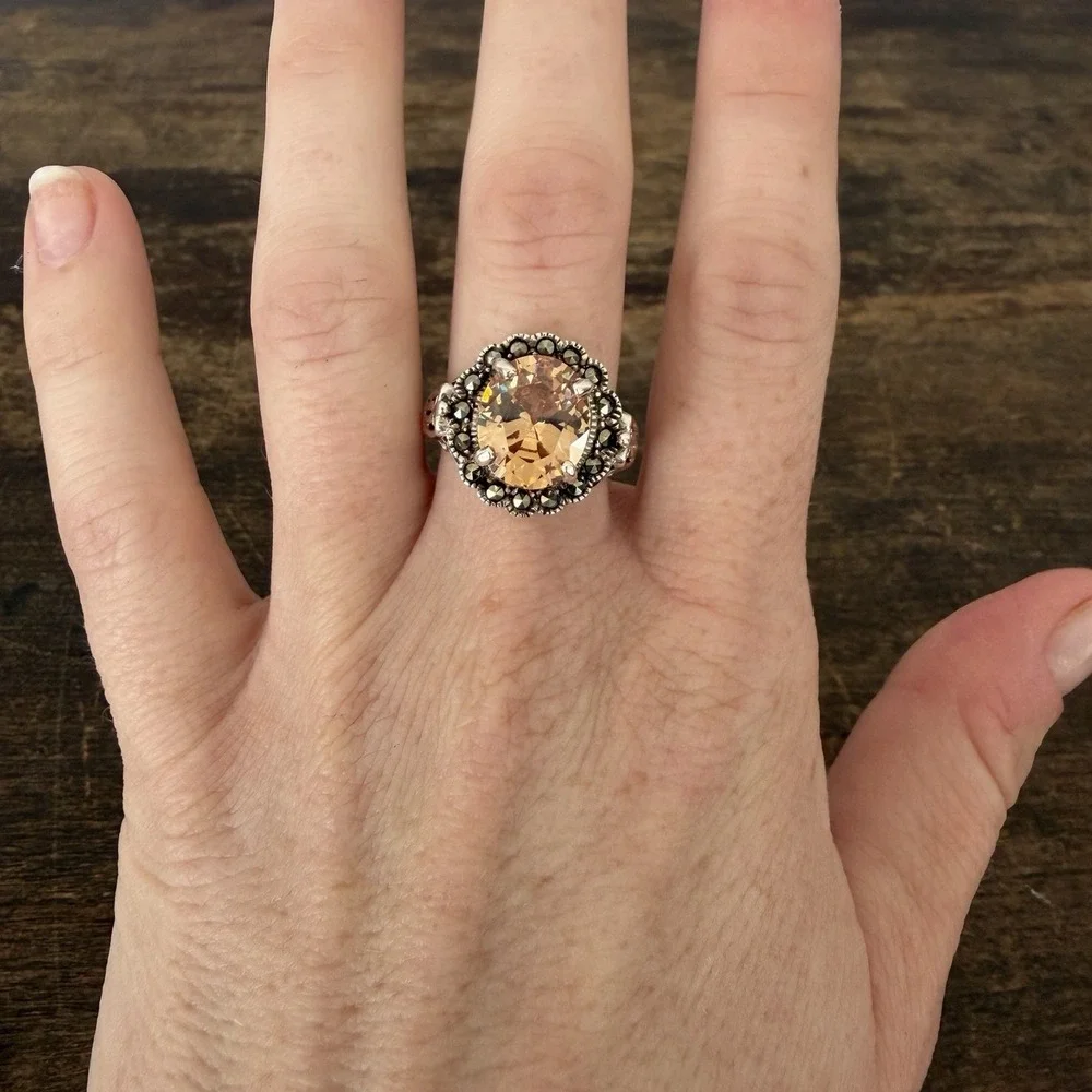 Sterling Silver Ring Oval‎ Orange CZ Marcasite Accent Oxidized Finish Size 8.75